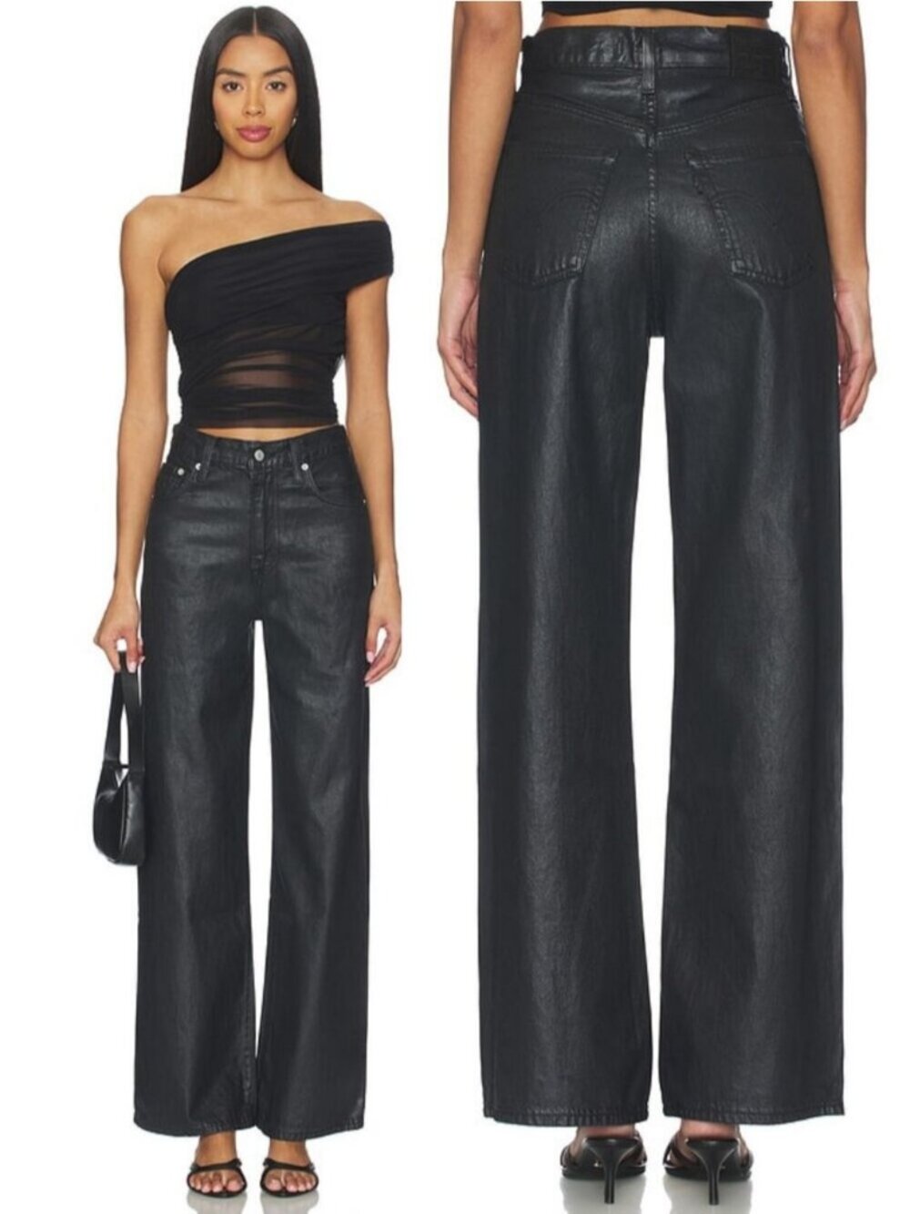 NWT LEVI'S Premium Ribcage Wide Leg Coated Jeans Size 25 Prize Fighter Black